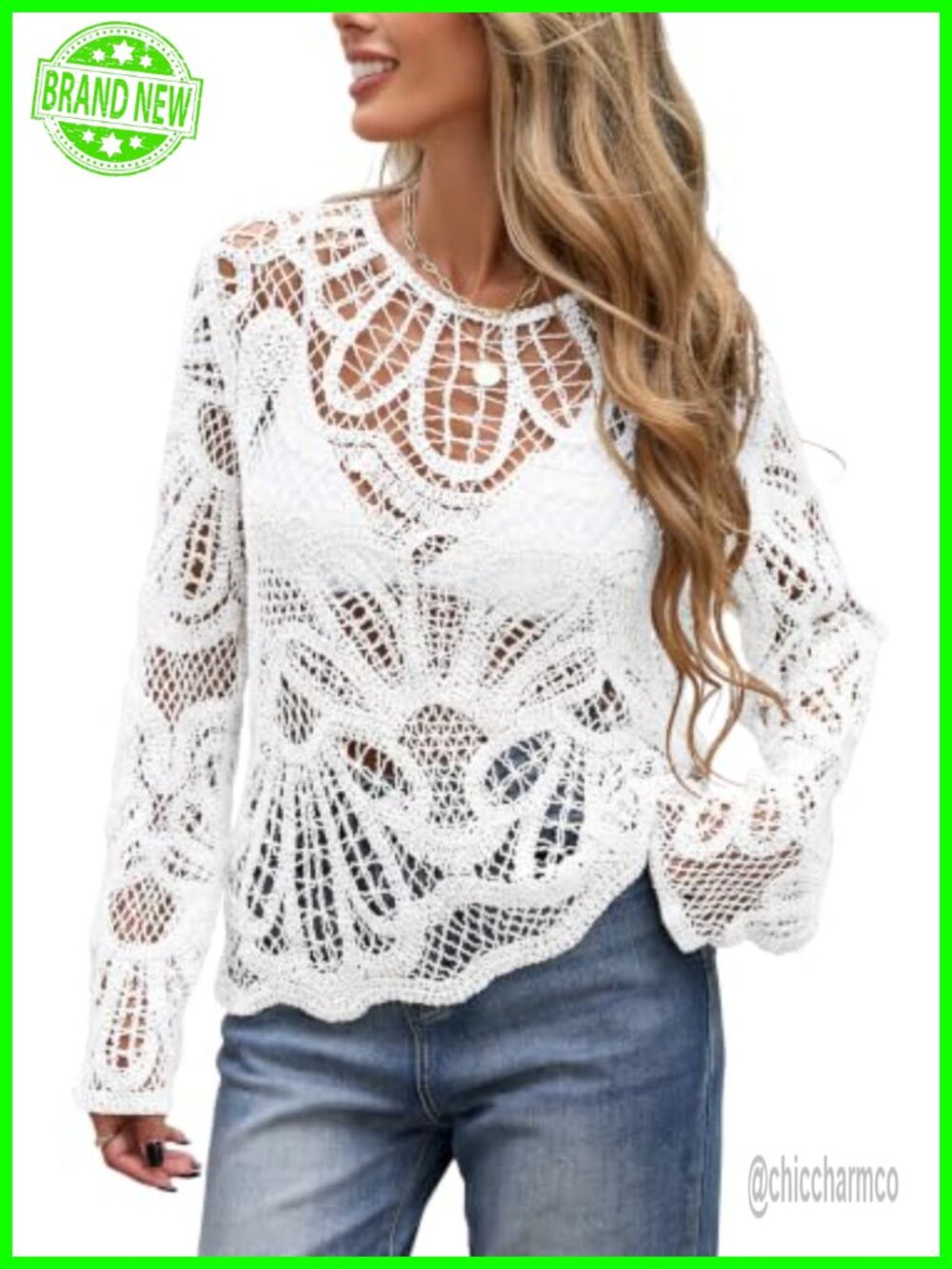 Cotton Hollow Out Crochet Knit Long Sleeve Boho Pullover Top